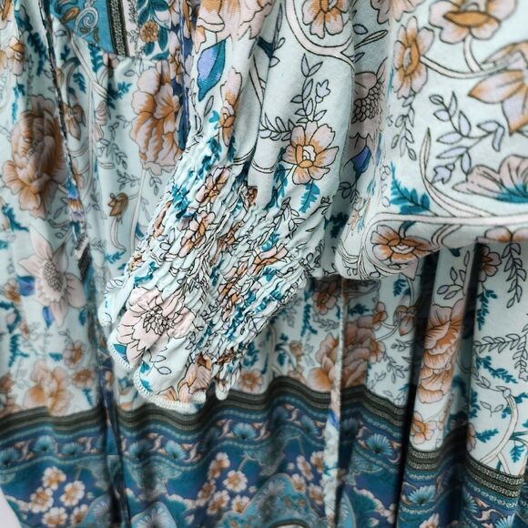 Brown Coco Bohemian Top Womens 1XL Green Blue Tan Front Ties Smocked Cuffs Boho - Picture 6 of 11